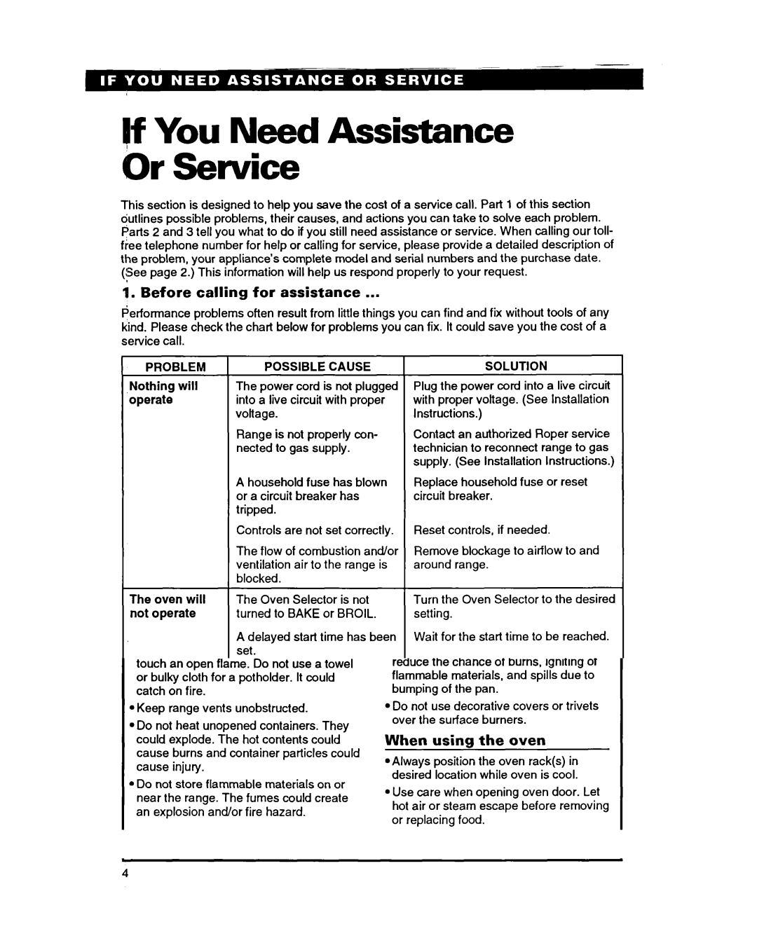 Roper FGS395B If You Need Assistance Or Service, Before calling for assistance, Problem Possible Cause, Mealtimertm 