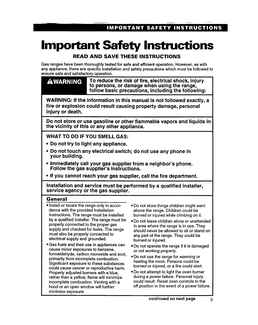 Roper FGS395B important safety instructions Important Safety Instructions, General 