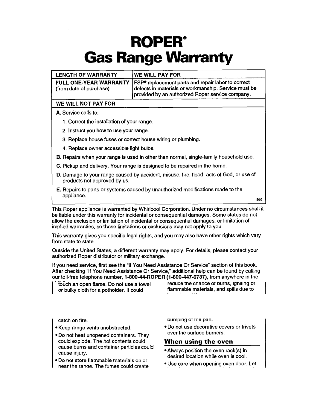 Roper FGS395B important safety instructions Gas Range Warranty, Length of Warranty WE will PAY for, WE will not PAY for 