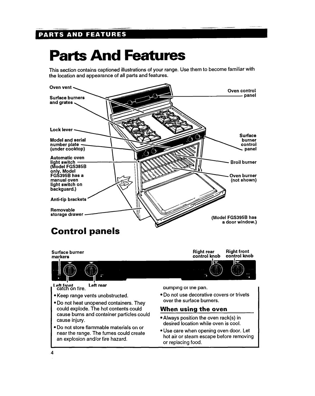 Roper FGS395B important safety instructions Parts And Features, Control Panels 