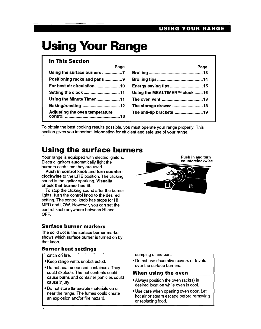 Roper FGS395B Your, Vsing the surface burners, Surface burner markers, Burner heat settings, Mealtimefy 