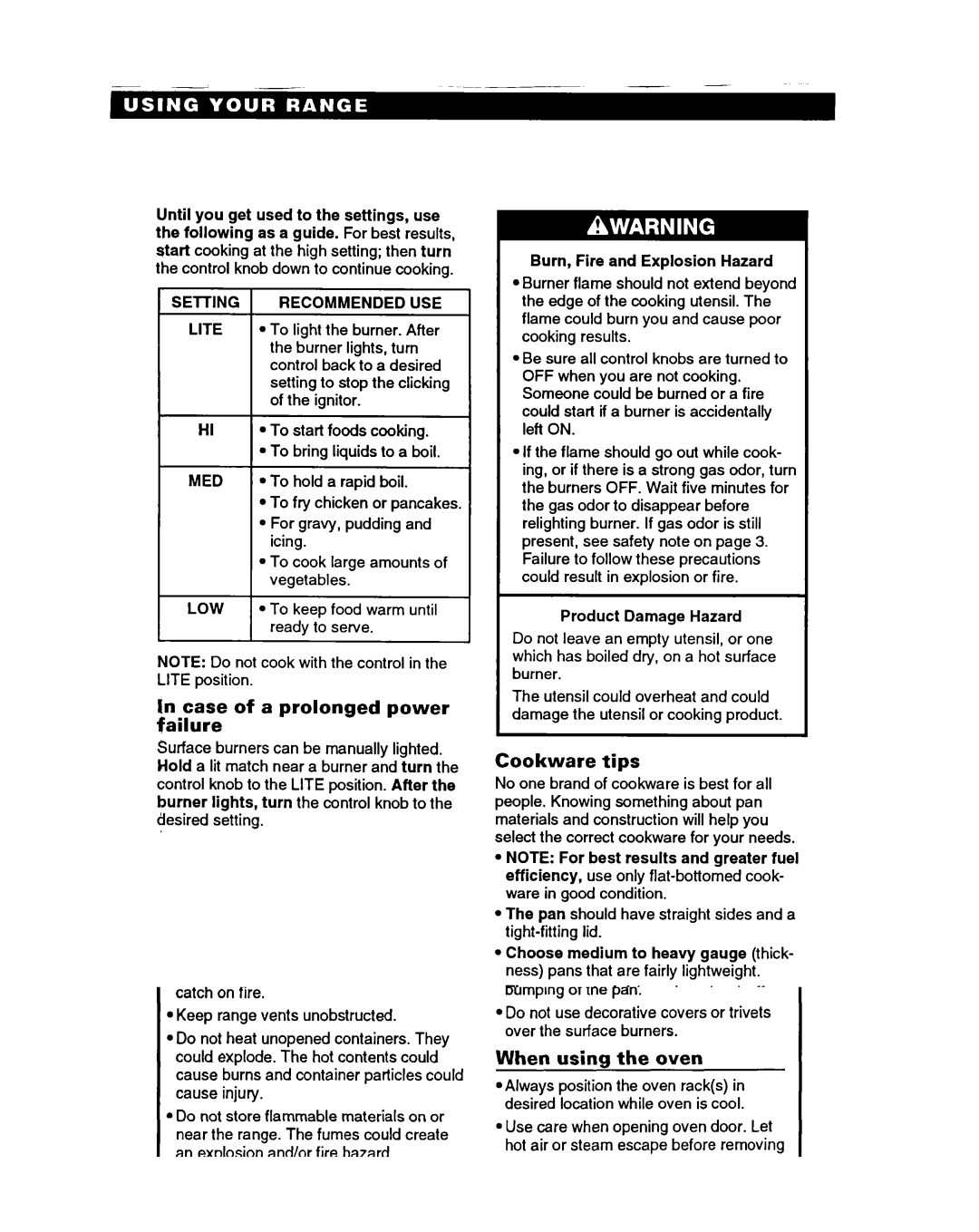 Roper FGS395B important safety instructions Case of a prolonged power failure, Cookware tips 