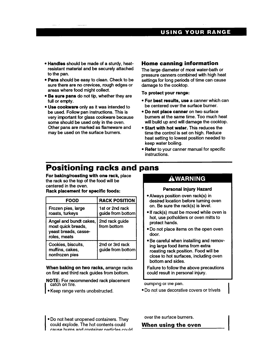 Roper FGS395B important safety instructions Positioning racks and pans, Home canning information, Rack Position 