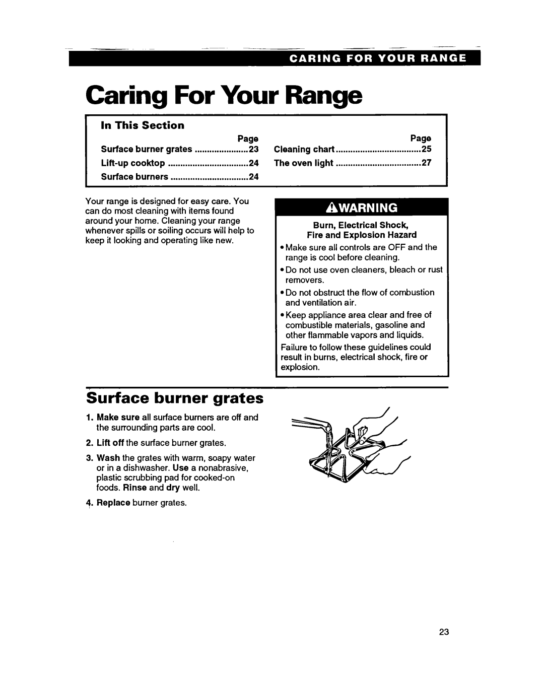 Roper FGS395B important safety instructions Caring For Your Range, Surface burner grates, In This Section 