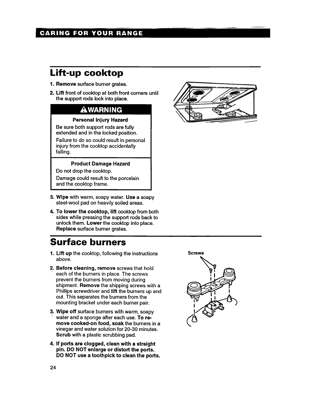 Roper FGS395B important safety instructions Lift-upcooktop, Surface, burners 
