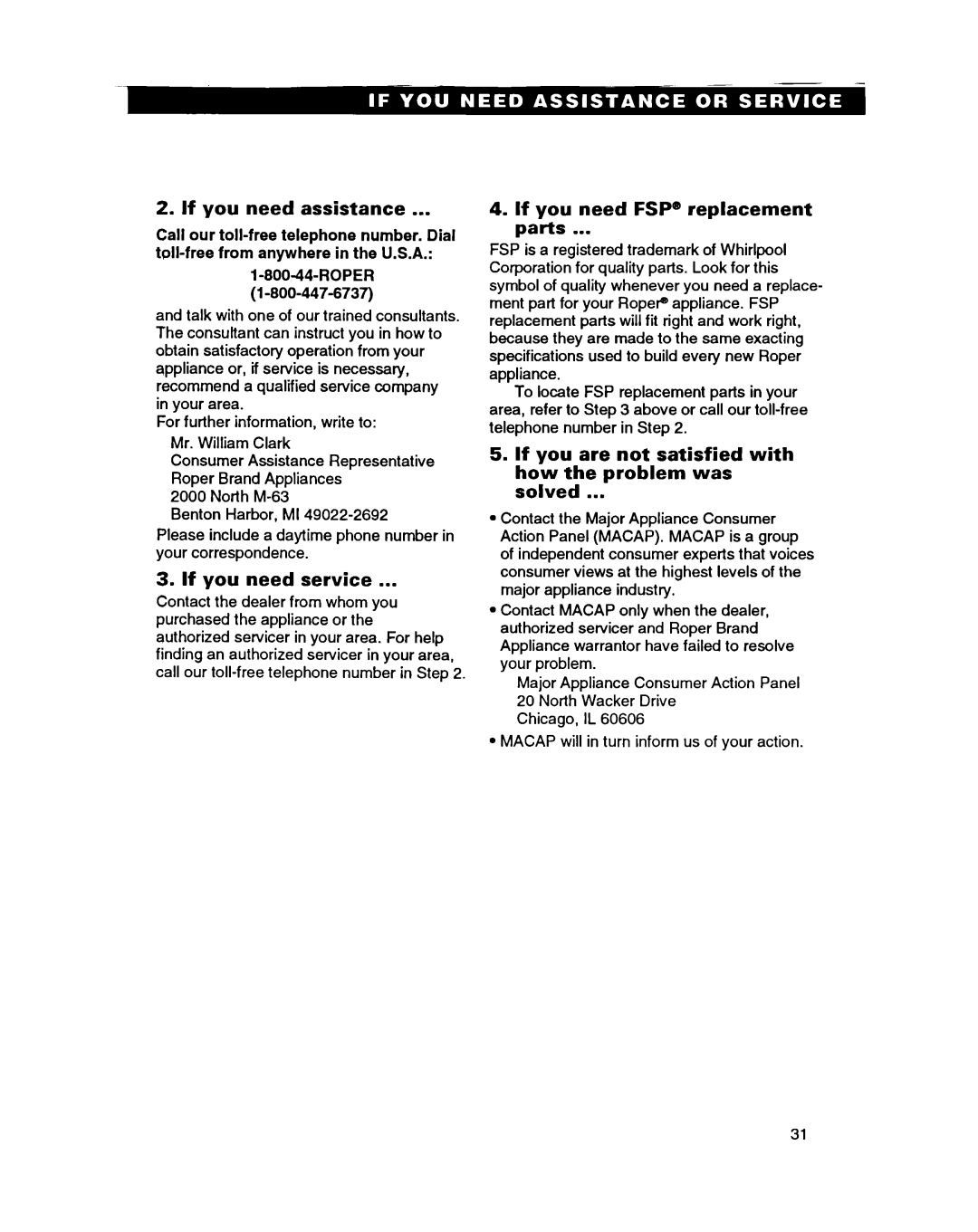 Roper FGS395B important safety instructions If you need assistance, If you need service, If you need FSP@ replacement parts 
