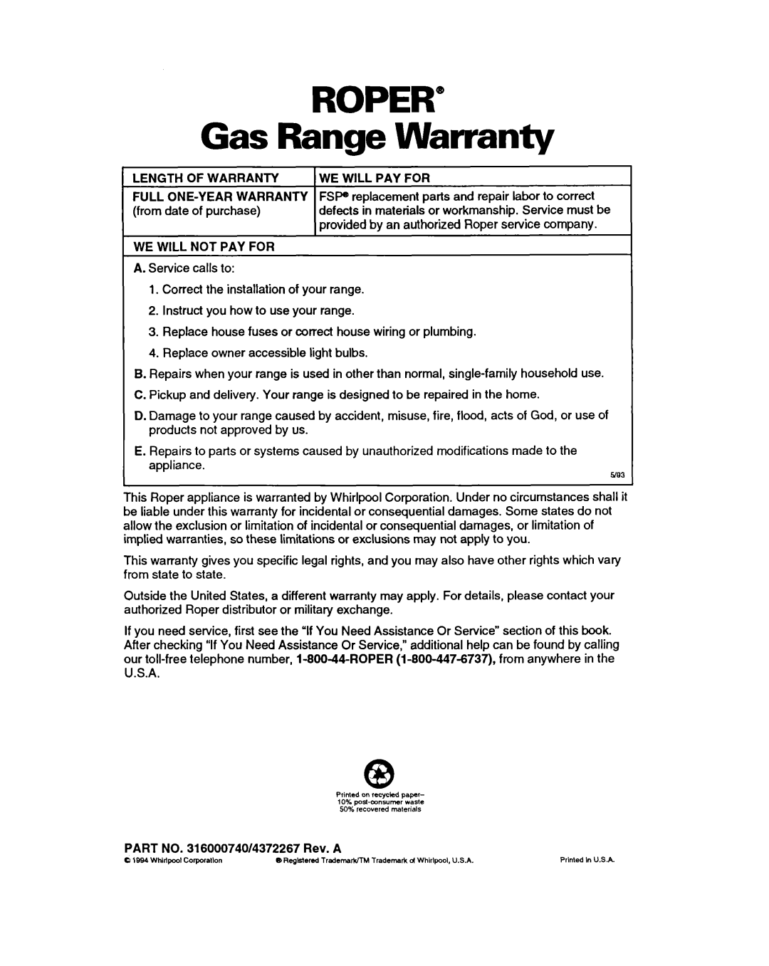 Roper FGS395B important safety instructions ROPER” Gas Range Warranty 