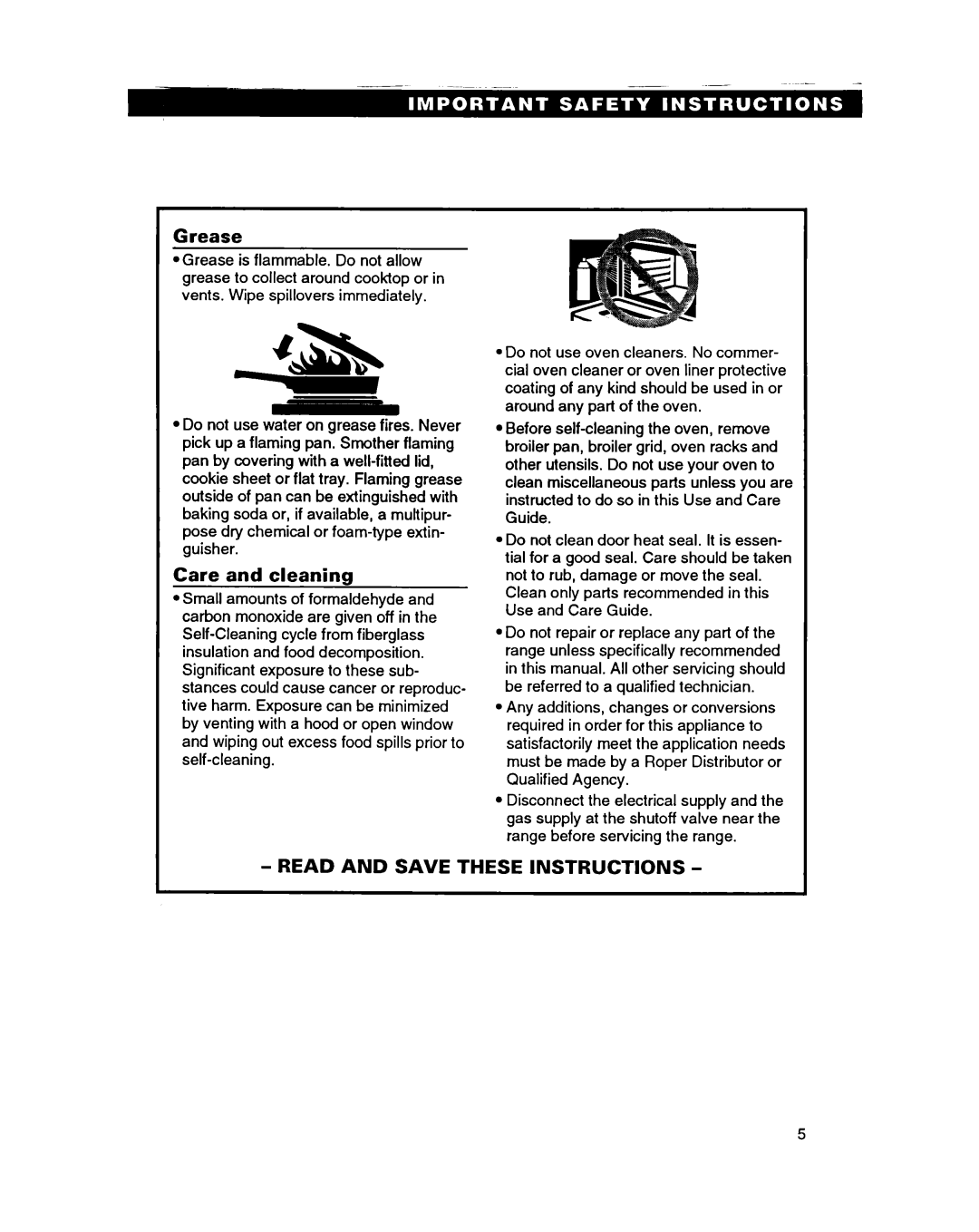 Roper FGS395B important safety instructions Grease, Care and cleaning, Read And Save These Instructions 