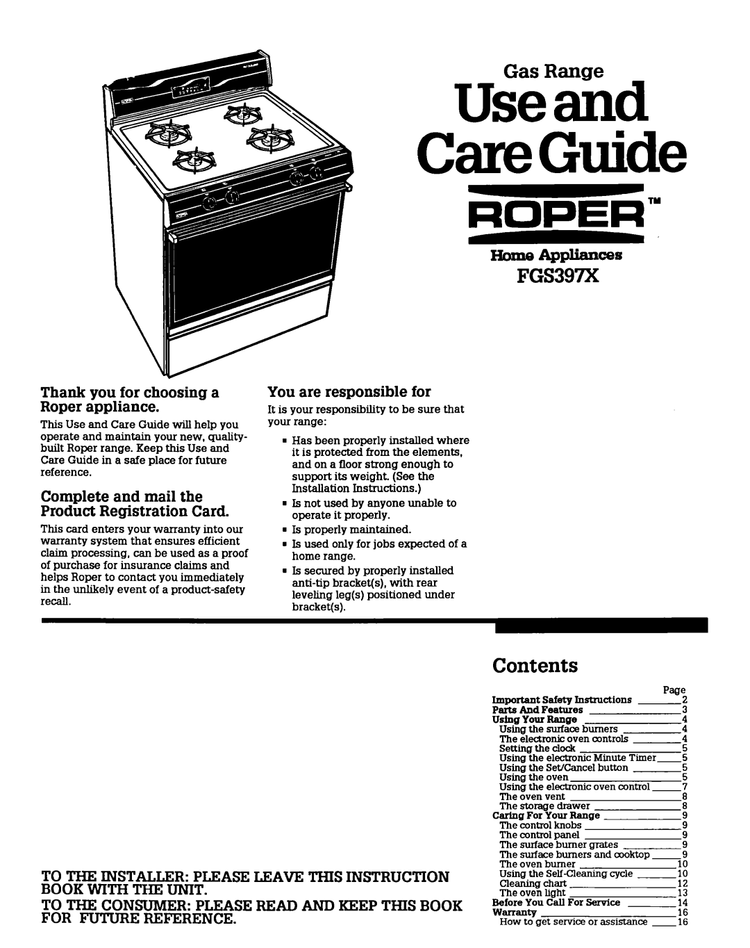 Roper FGS397X warranty UGRiiiid, Contents 