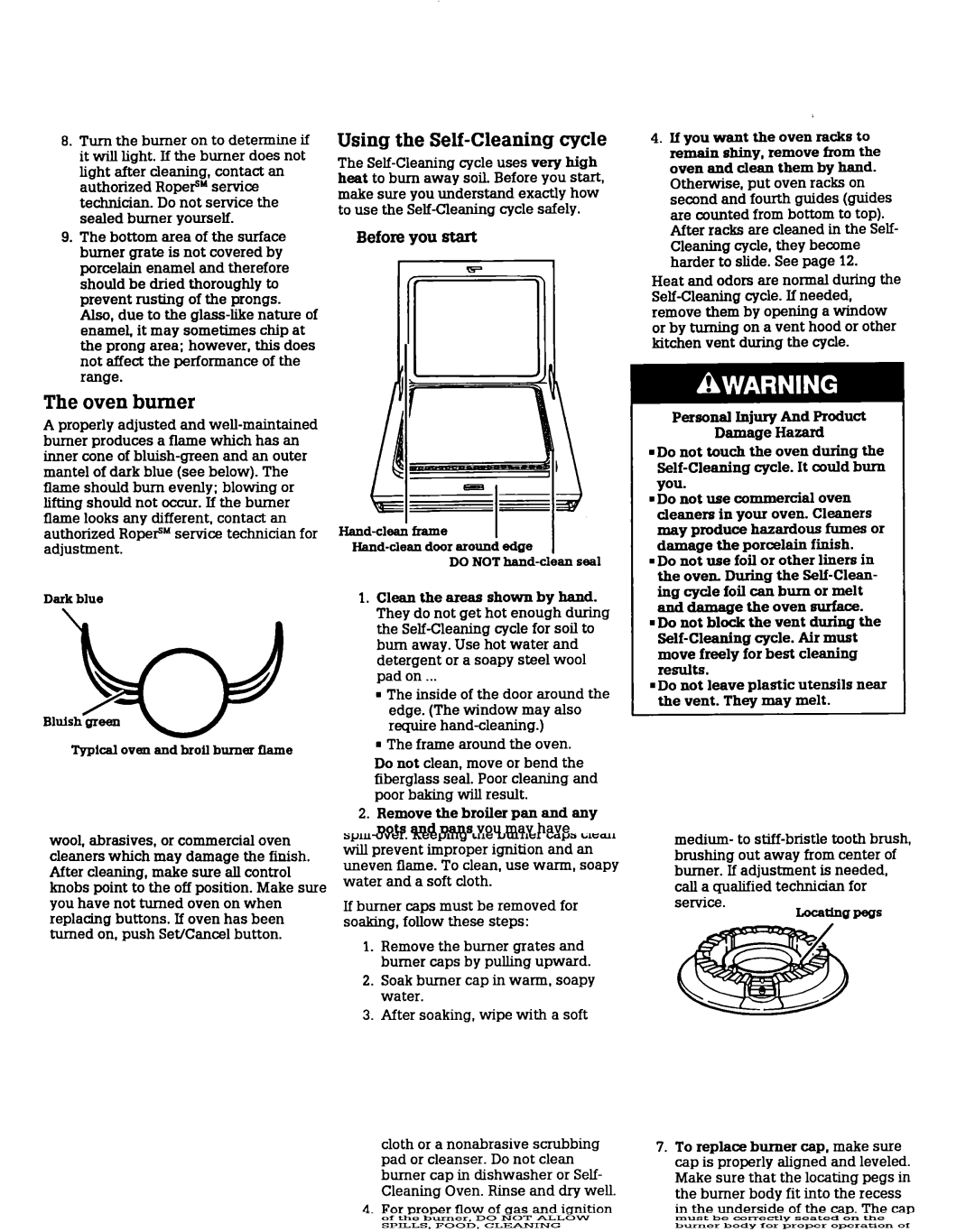 Roper FGS397X warranty Using the Self-Cleaning cycle, Before you staxt, Oven burner 