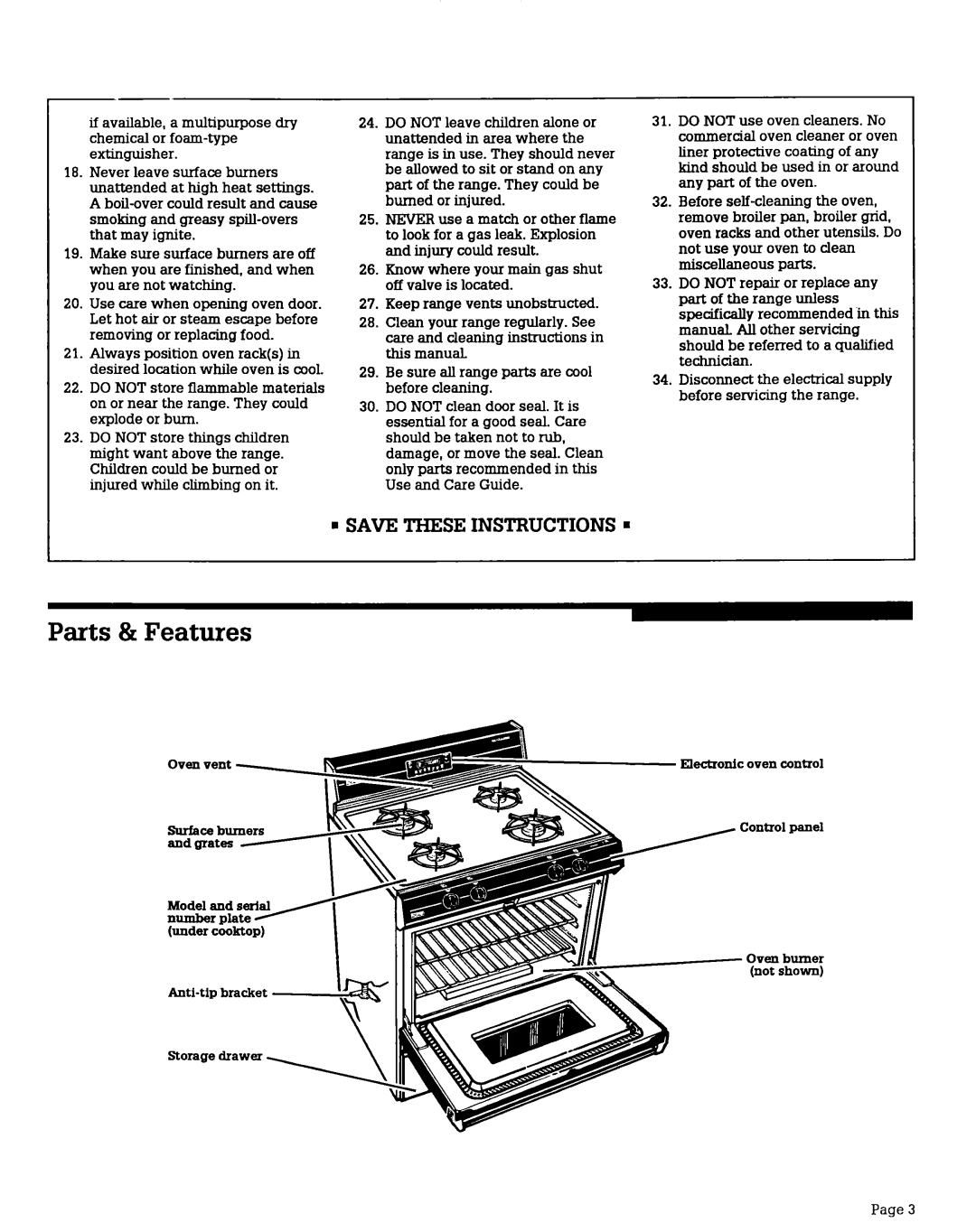 Roper FGS397X warranty Parts & Features, ’ Save These Instructions, Not shown 