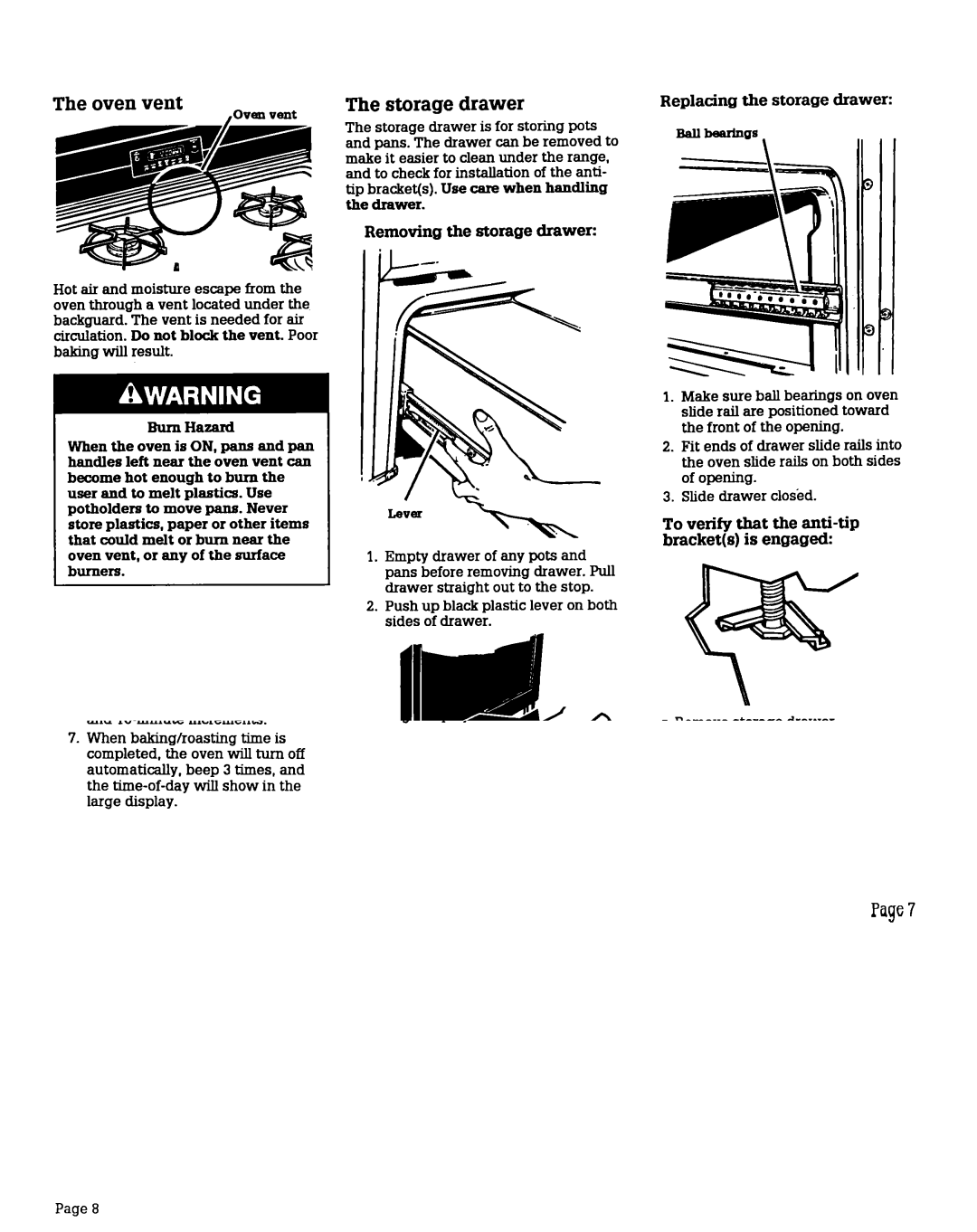 Roper FGS397X Oven vent, Storage drawer, Replacing the storage drawer, To verify that the anti-tip brackets is engaged 