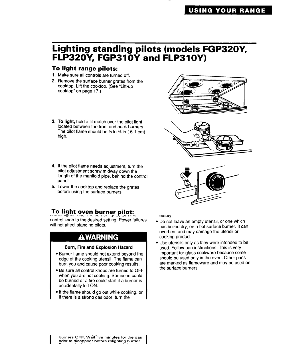 Roper FGP320Y, FLP310Y, FGP310Y, FGP325Y, FGP315Y To light range pilots, To light oven burner pilot 