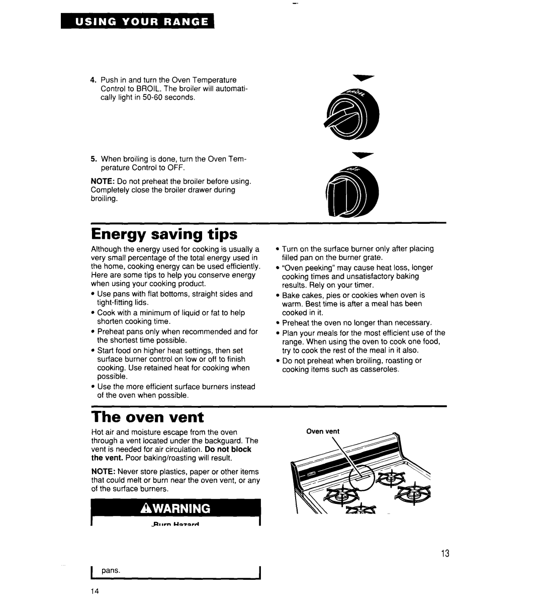 Roper FGP315Y, FLP310Y, FGP320Y, FGP310Y, FGP325Y important safety instructions Energy saving tips, Oven vent 