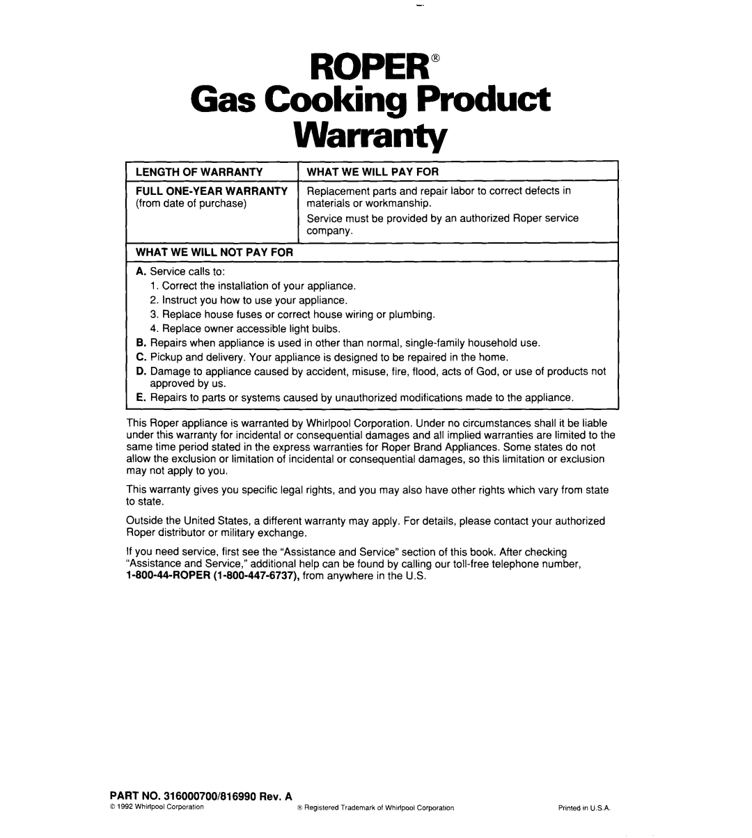 Roper FGP315Y, FLP310Y Gas Cooking Product Warranty, Length of Warranty, What WE will not PAY for, What WE will PAY for 