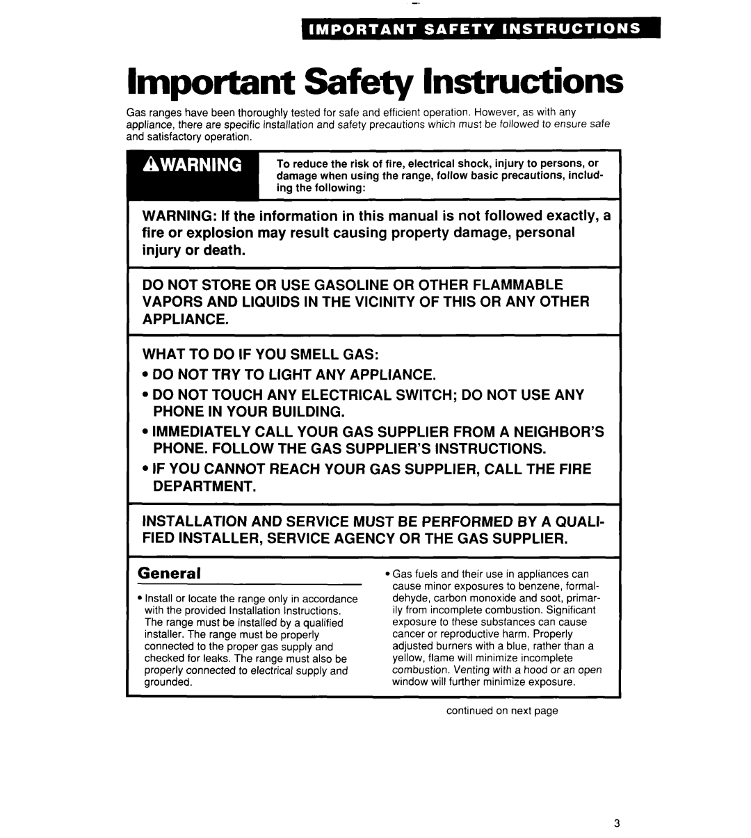 Roper FGP325Y, FLP310Y, FGP320Y, FGP310Y, FGP315Y important safety instructions Important Safety Instructions, Injury or death 
