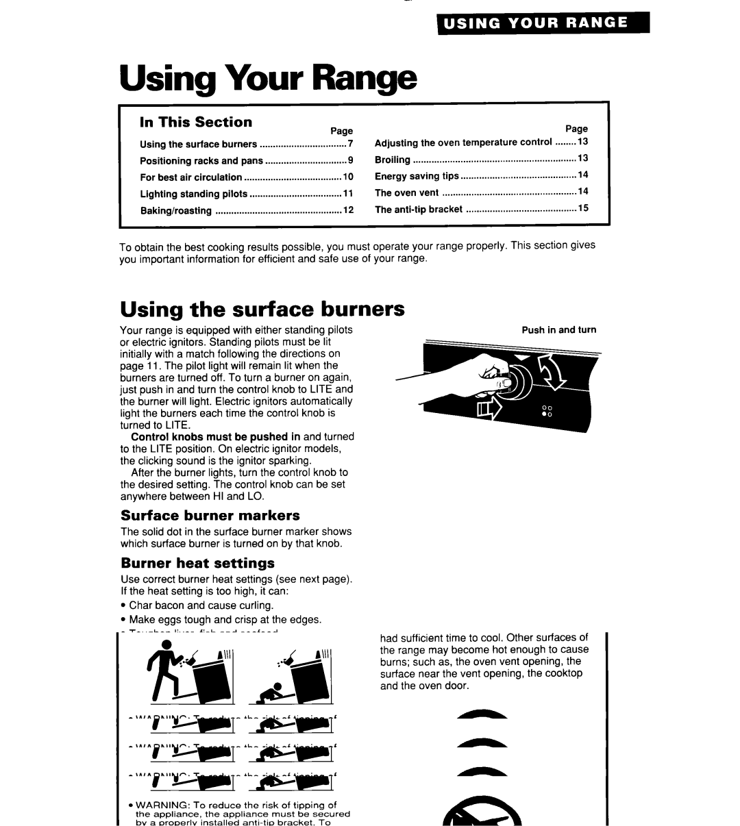 Roper FGP310Y Using Your Range, Using the surface burners, This Section, Surface burner markers, Burner heat settings 