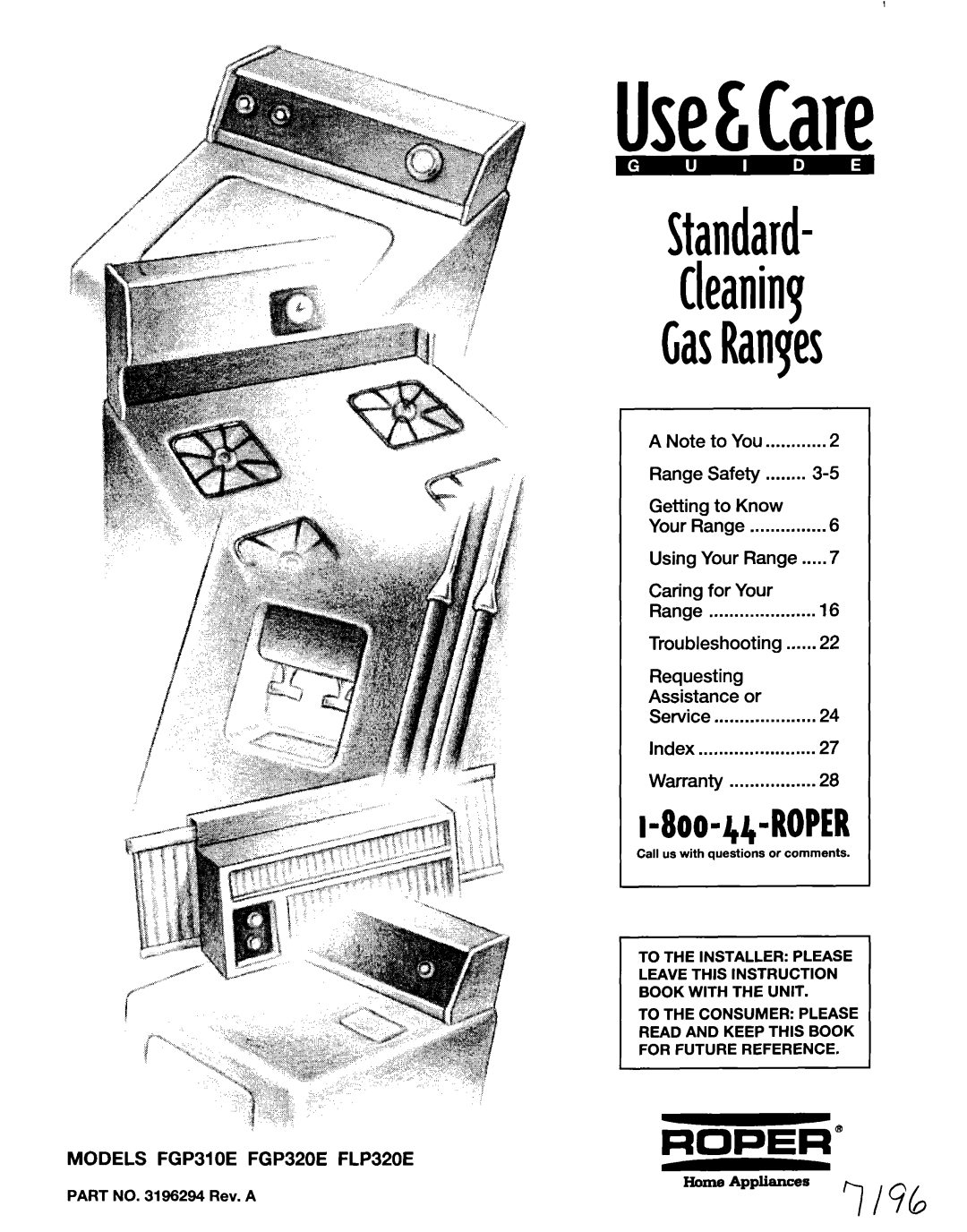 Roper FGP31OE, FLP320E, FGP320E warranty Standard Cleaning GasRanges 