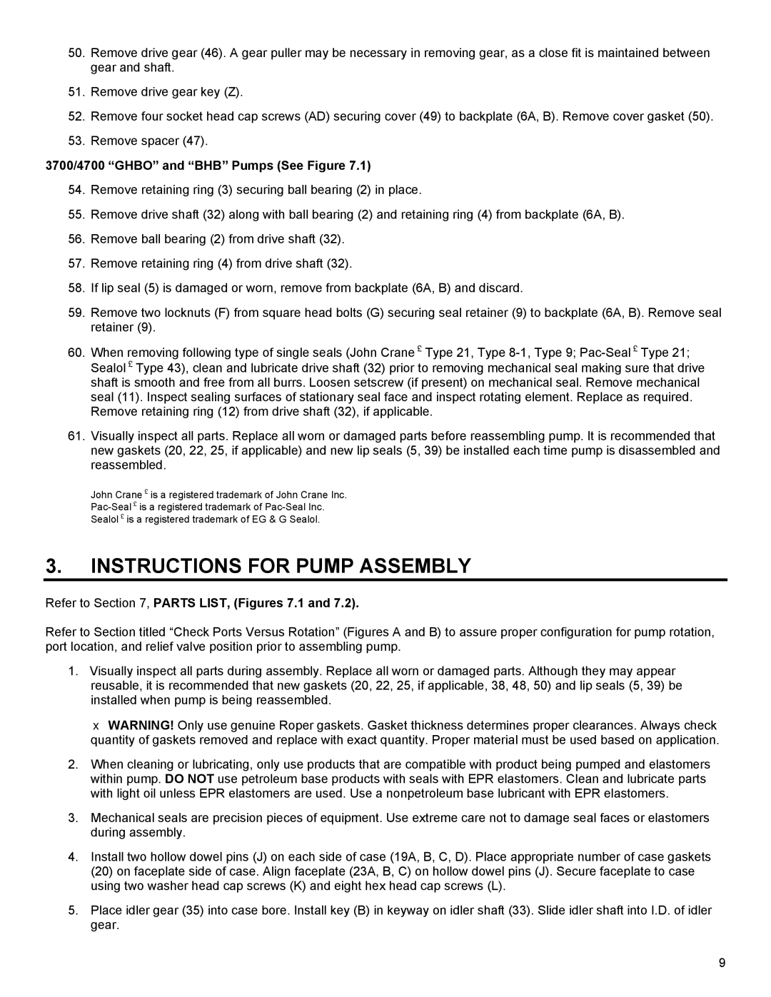 Roper G12-436 Instructions for Pump Assembly, 3700/4700 Ghbo and BHB Pumps See Figure, Refer to , Parts LIST, Figures 7.1 