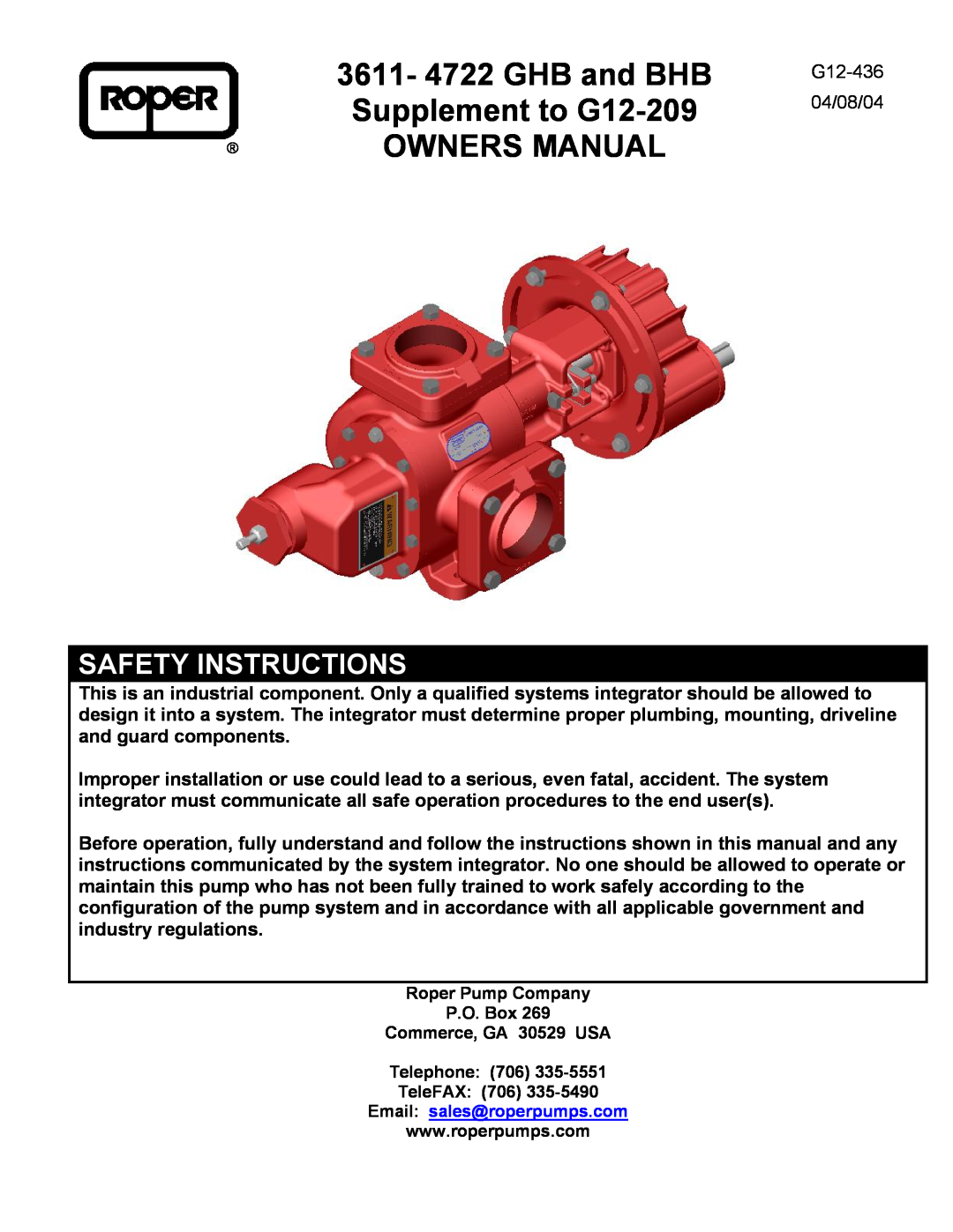 Roper G12-436 owner manual 3611- 4722 GHB and BHB, Supplement to G12-209, Safety Instructions 