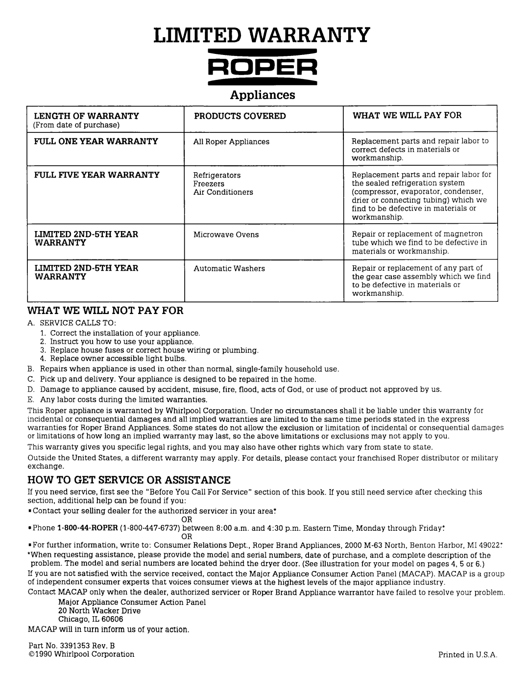 Roper GL6050V, GL5030V, EL6050V, GL4030V, EL5030V, EL4030V installation instructions Limited Warranty 