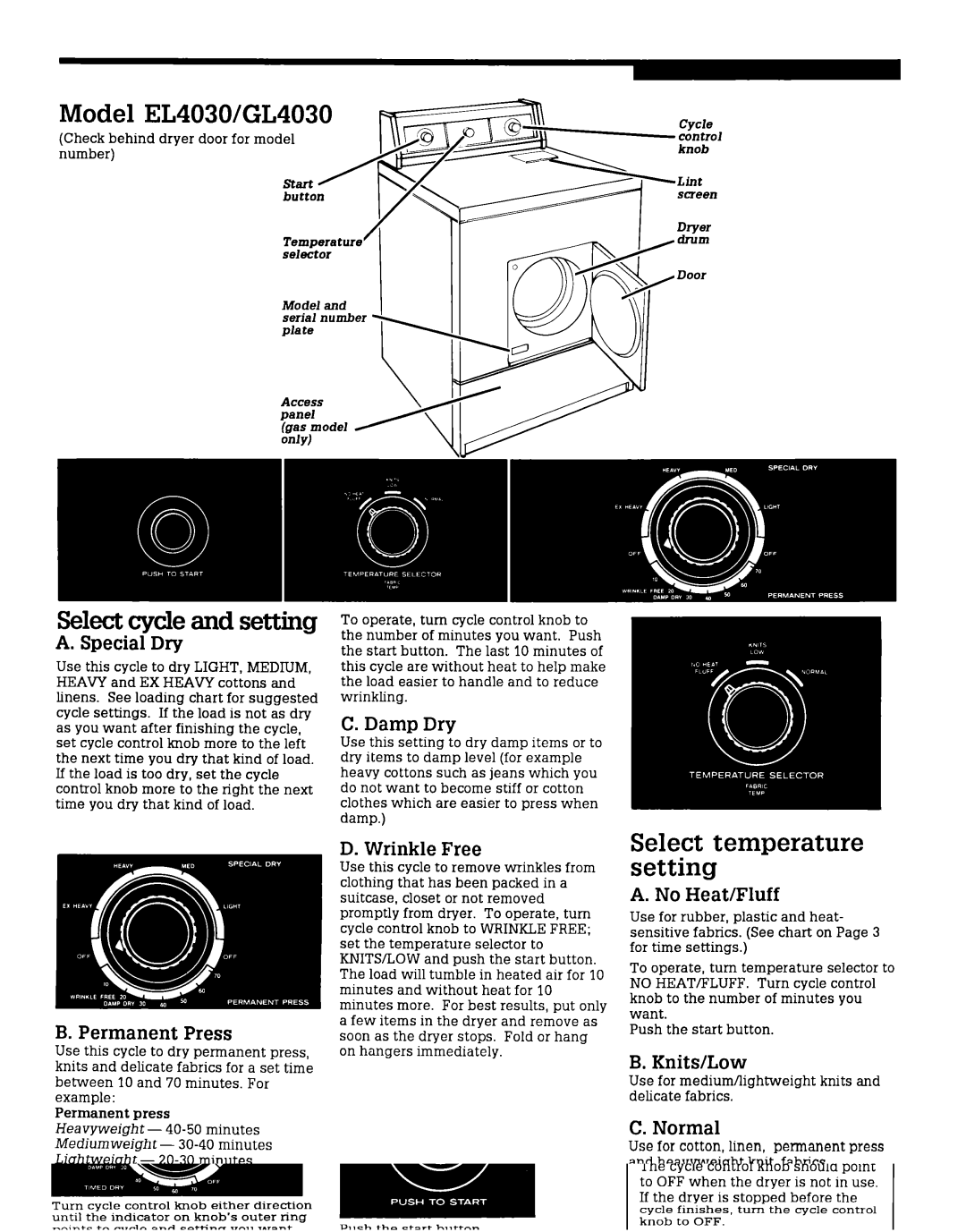 Roper EL5030V, GL6050V, GL5030V, EL6050V, GL4030V, EL4030V installation instructions Model EL4030/GL4030 