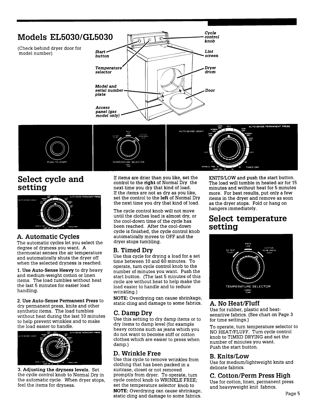 Roper EL4030V, GL6050V Models EL5030/GL5030, Select cycle and setting, Automatic Cycles, Timed Dry, Cotton/Perm PressHigh 