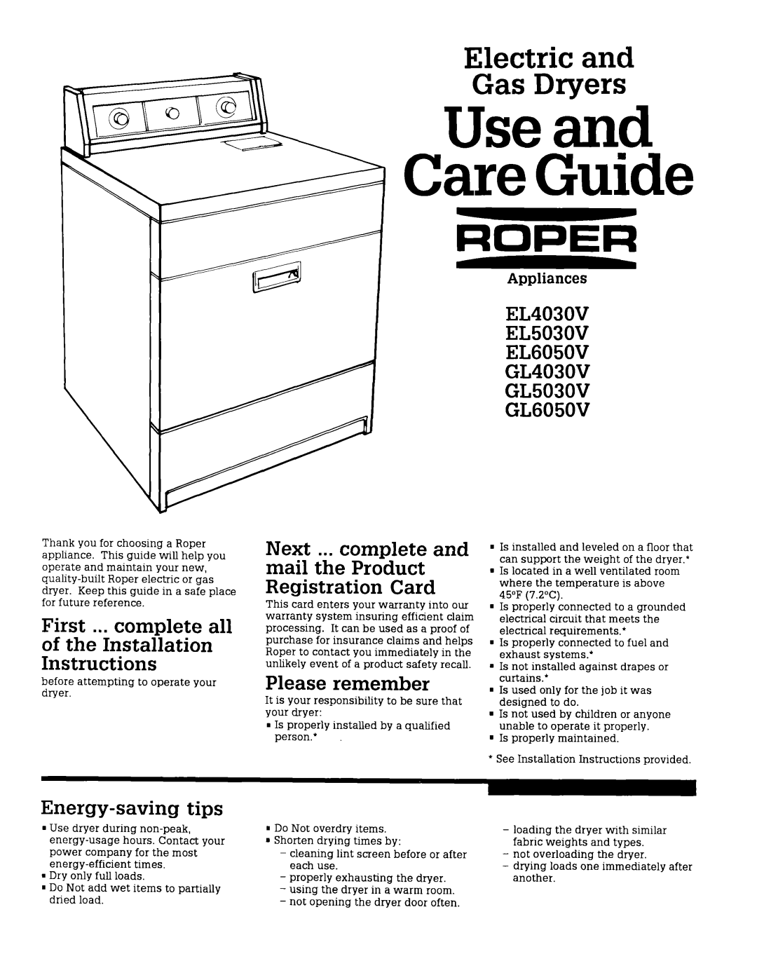 Roper GL5030V installation instructions Electric and Gas Dryers, Please remember, tips, Energy-saving, Appliances, Roper 