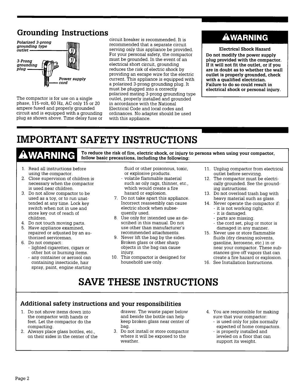 Roper KU155OV Grounding Instructions, Additional safety instructions, responsibilities, Important Safety Instructions 