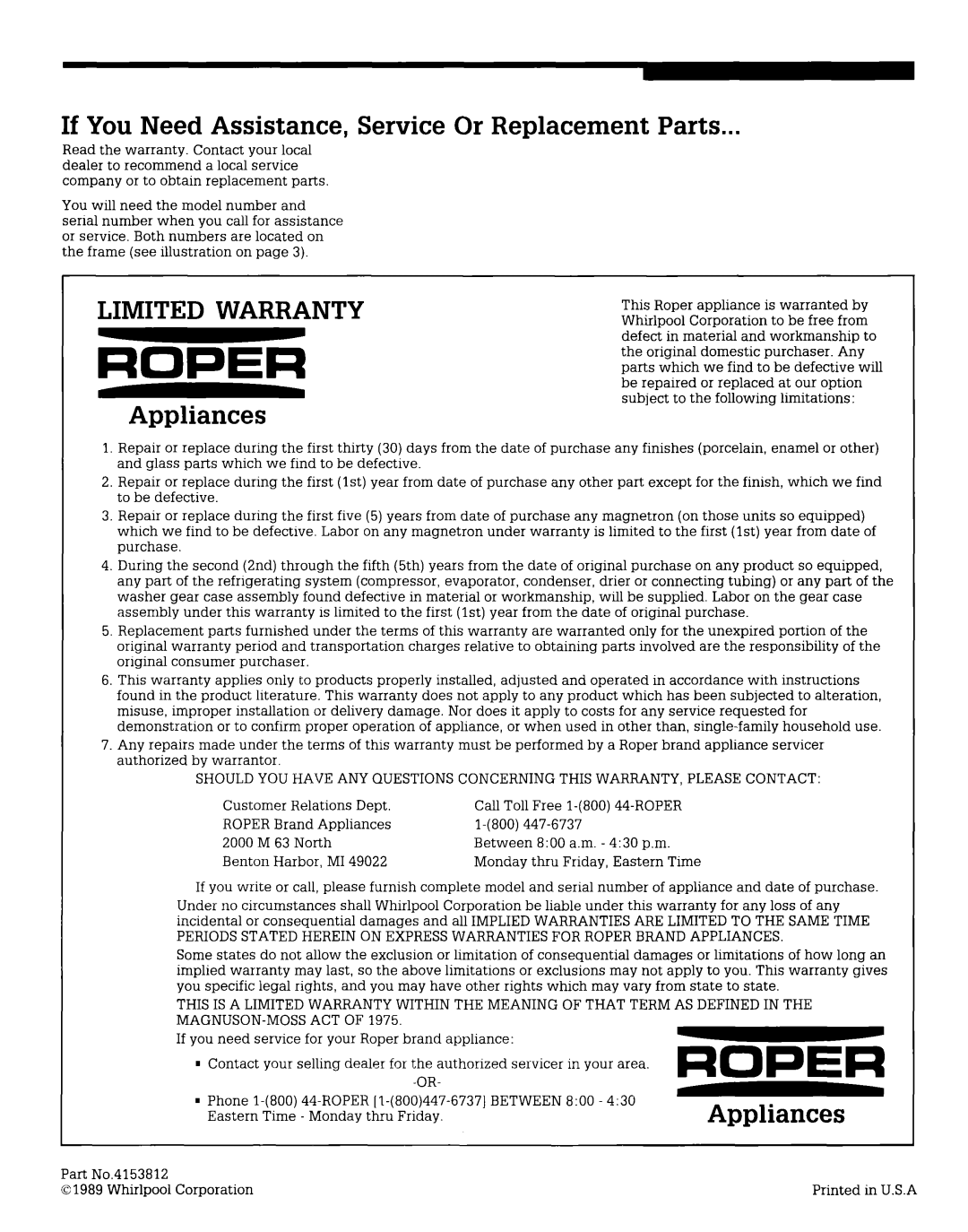 Roper KU155OV warranty Limited Warranty, Appliances 