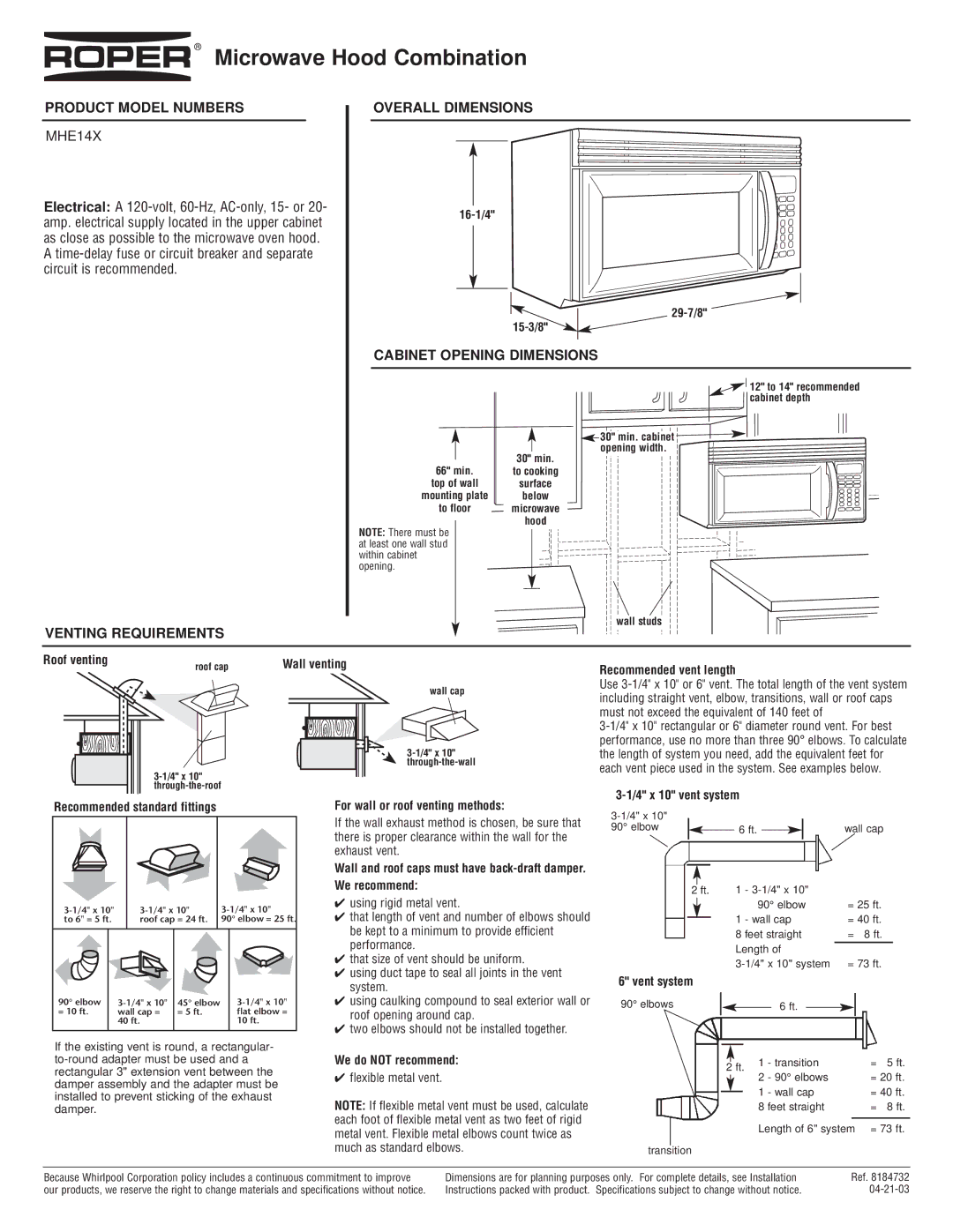 Roper MHE14X dimensions Microwave Hood Combination, Product Model Numbers, Venting Requirements Overall Dimensions 