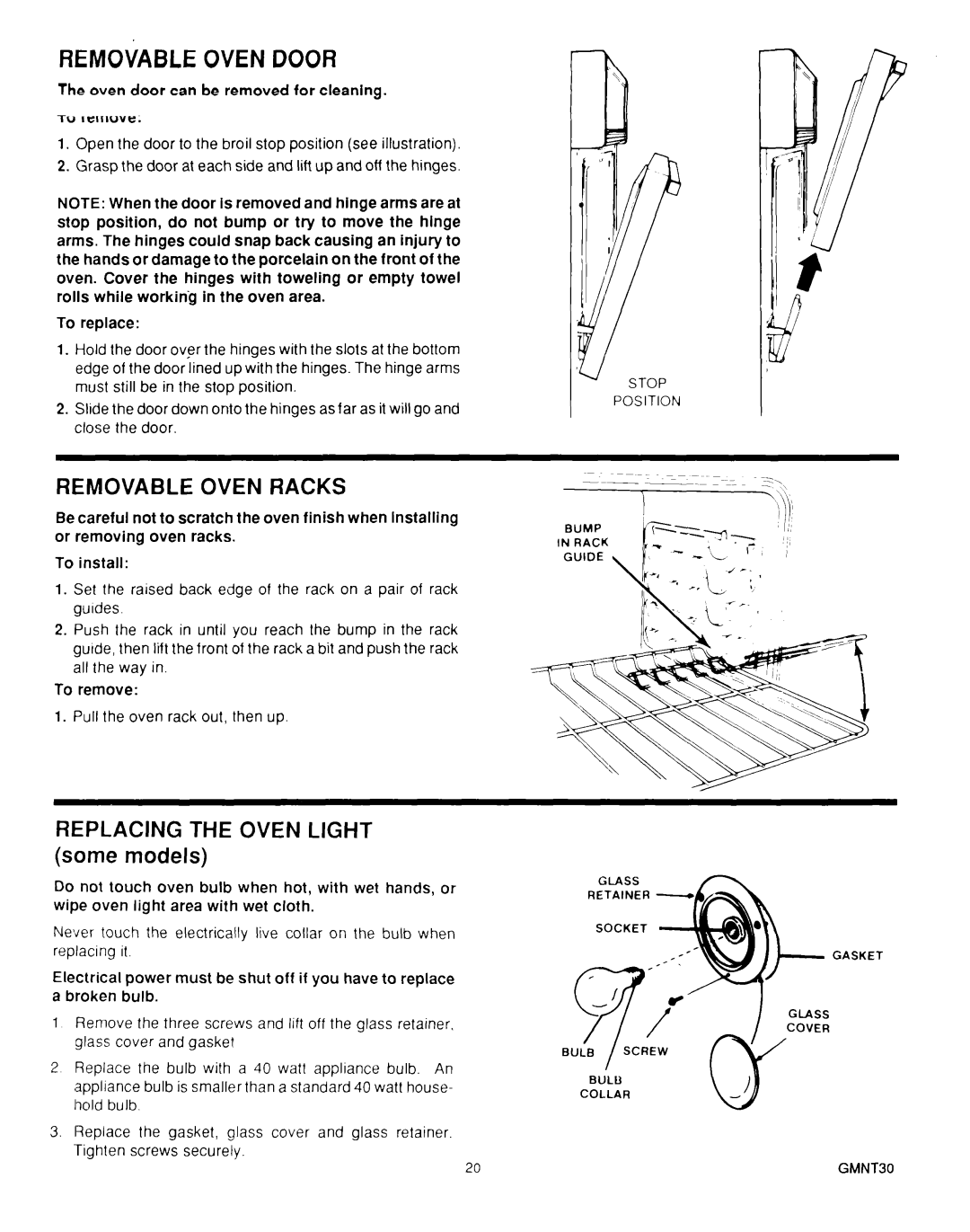 Roper B875, MN11020(344197) manual Removable Oven Door, Removable Oven Racks 