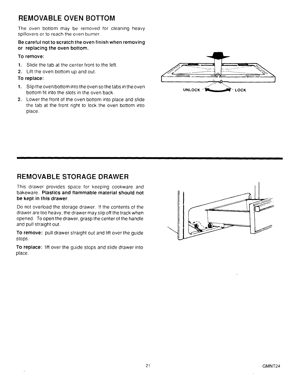 Roper MN11020(344197), B875 manual Removable Oven Bottom, Removable Storage Drawer 