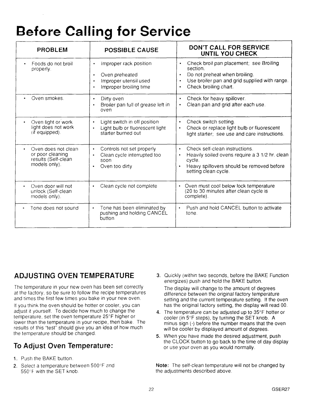 Roper B875, MN11020(344197) manual Before Calling For Service, Adjusting Oven Temperature 