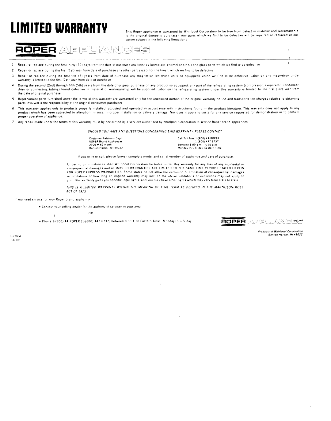 Roper MN11020(344197), B875 manual Act 