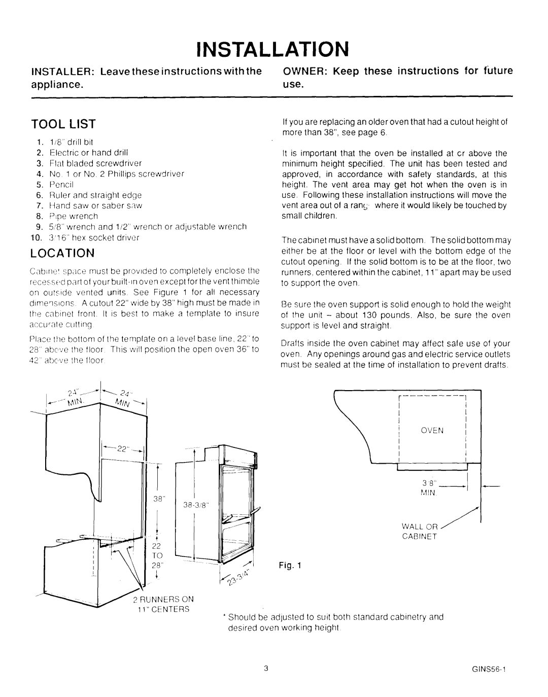 Roper MN11020(344197), B875 manual Tool List, Location, Oven Wall or Cabinet 