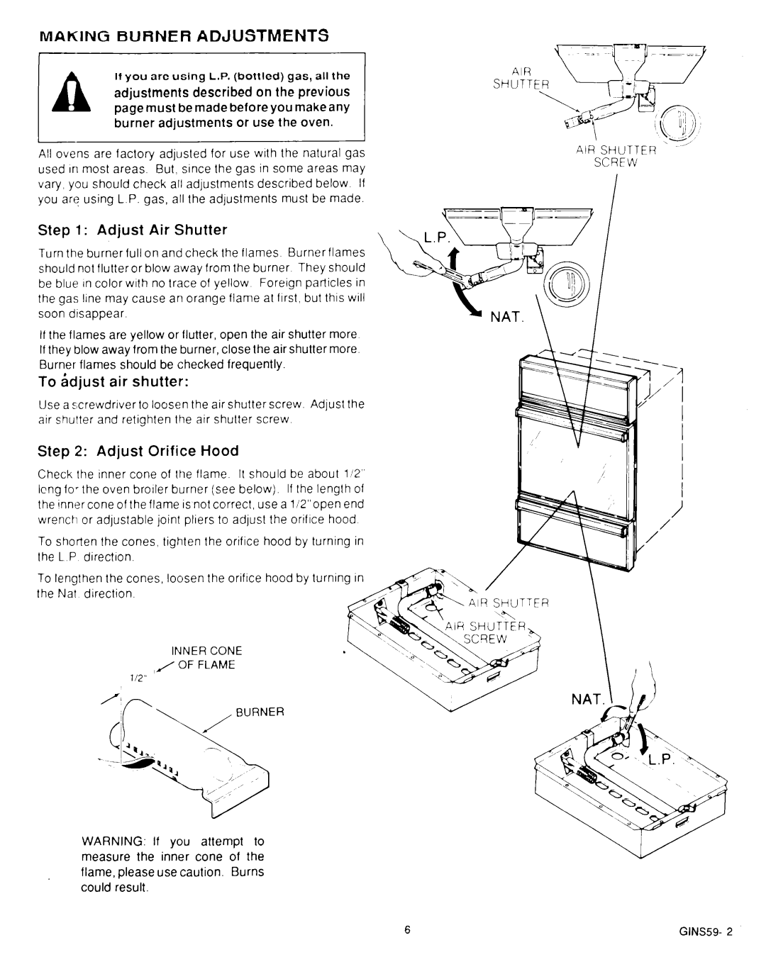 Roper B875, MN11020(344197) manual Making Burner Adjustments, AIR Shutter --’ Screw 