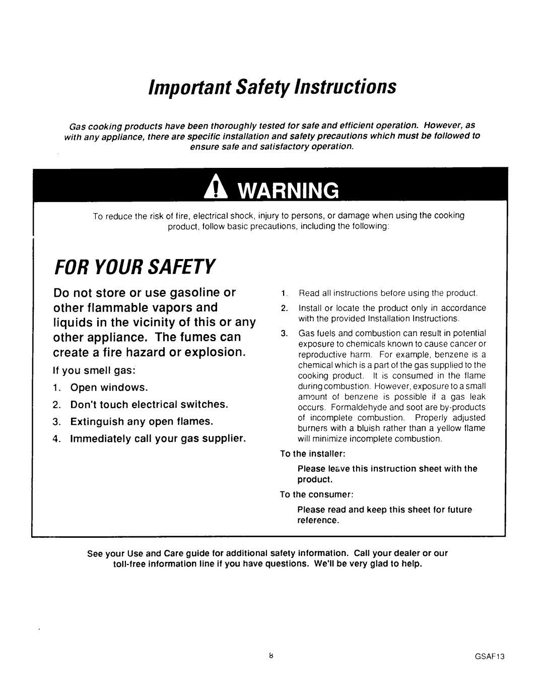 Roper B875, MN11020(344197) manual Important Safety Instructions, GSAF13 