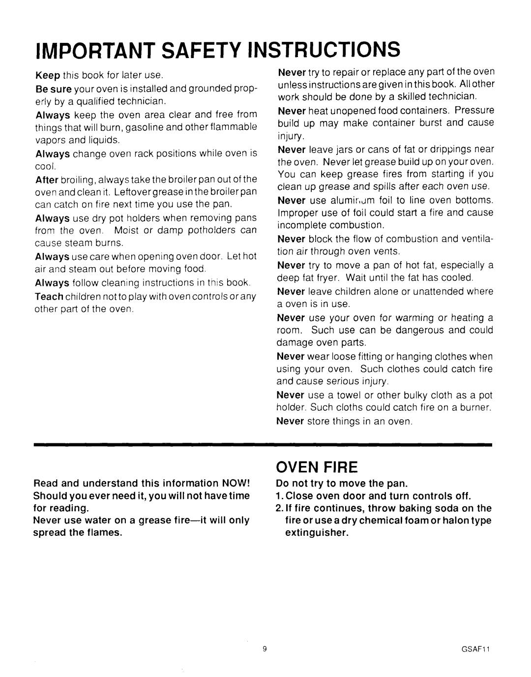 Roper MN11020(344197), B875 manual Important Safety Instructions, Oven Fire 
