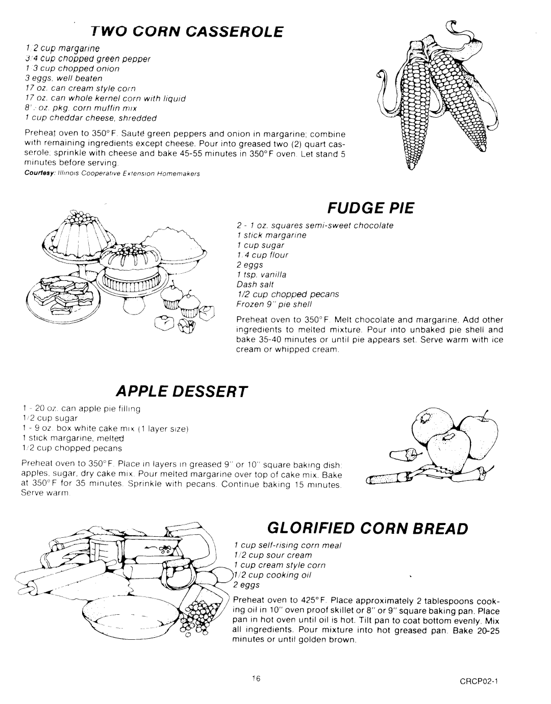 Roper B875, MN11020(344197) manual Fudge Pie, Apple Dessert, Glorified Corn Bread, Two Corn Casserole 