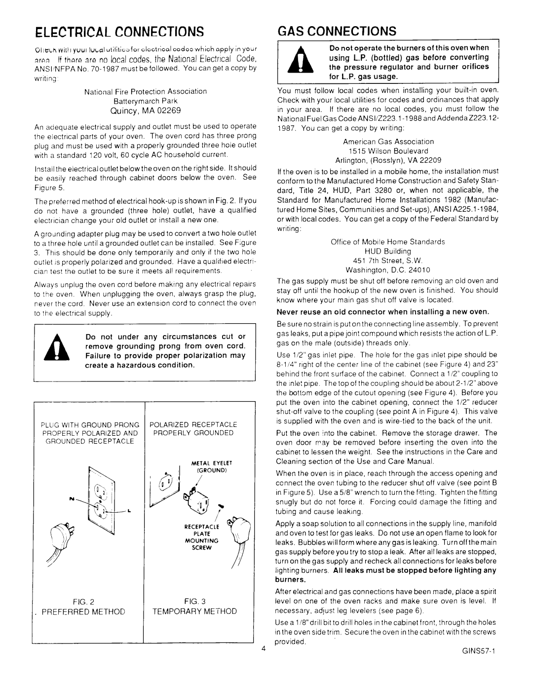 Roper B875, MN11020(344197) manual Gas Connections, ELECTRICALIwalCONNECTIONS 
