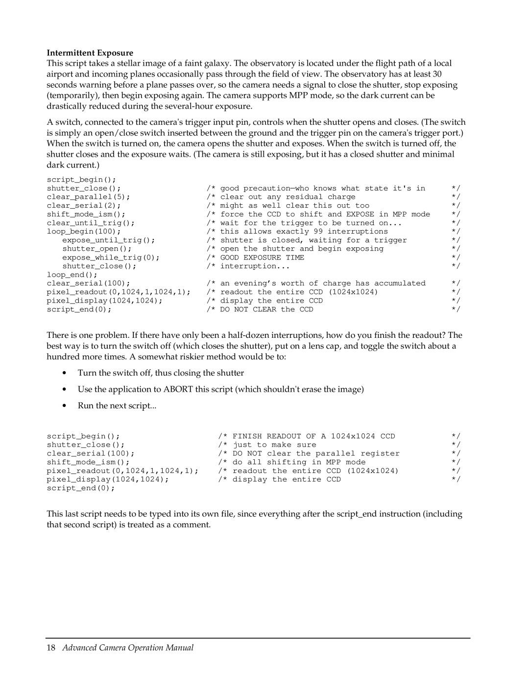 Roper Photometric manual Intermittent Exposure, Good Exposure Time 