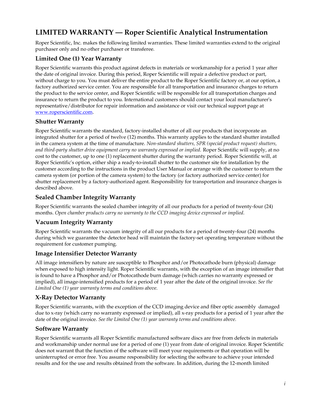 Roper Photometric manual Limited Warranty Roper Scientific Analytical Instrumentation 