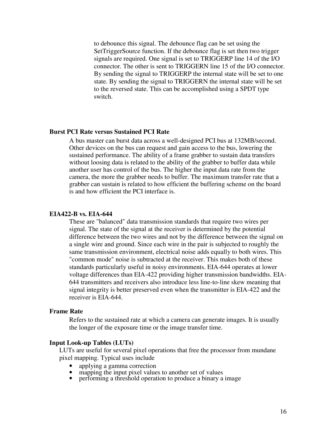 Roper PXD1000 manual Burst PCI Rate versus Sustained PCI Rate, EIA422-B vs. EIA-644, Frame Rate, Input Look-up Tables LUTs 