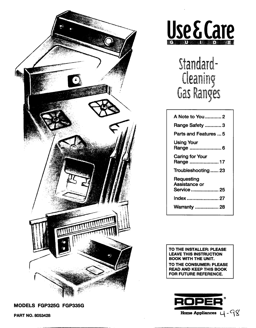 Roper FGP325G, Range, FGP335G, 336 manual 