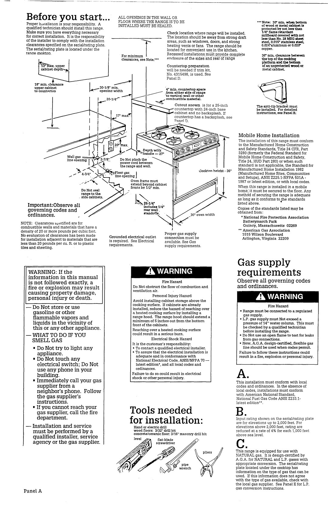 Roper Range installation instructions Before you start, Gas supply requirements, Mobile Home Installation, PanelA 