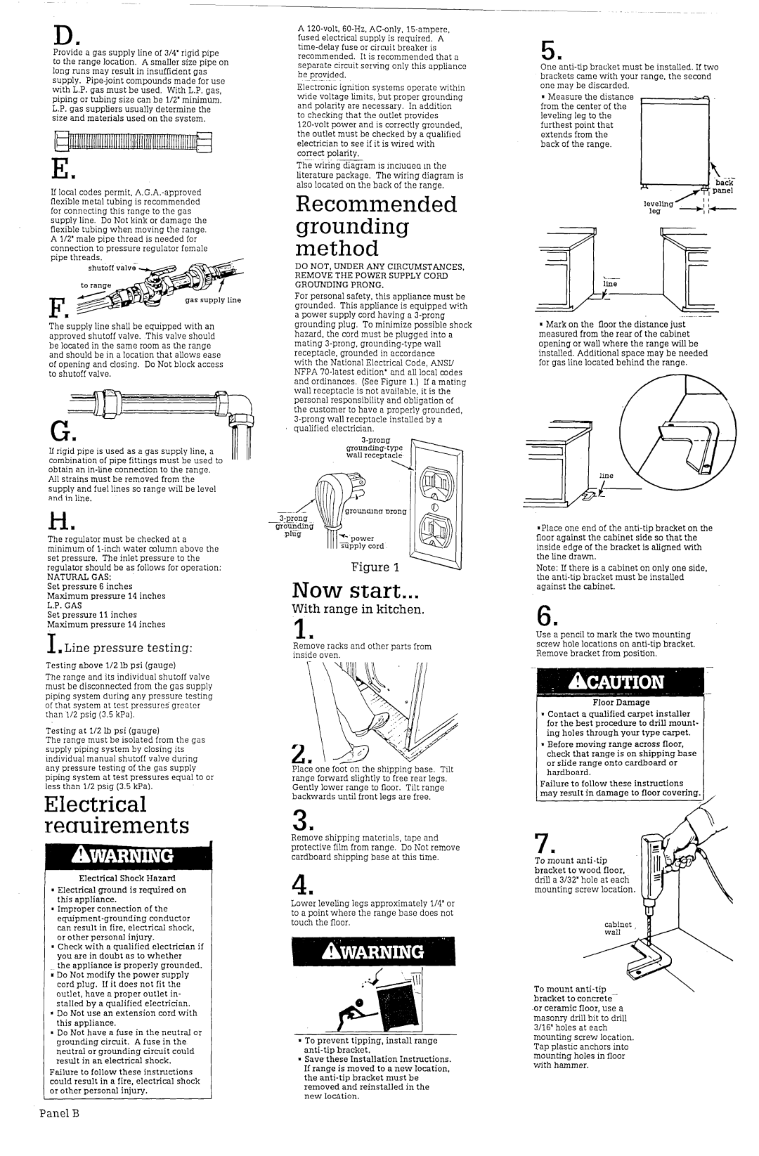 Roper Range Recommended grounding method, Line pressure testing, LI’ --3-proqg@ QrgJw, With range in kitchen, Panel B 