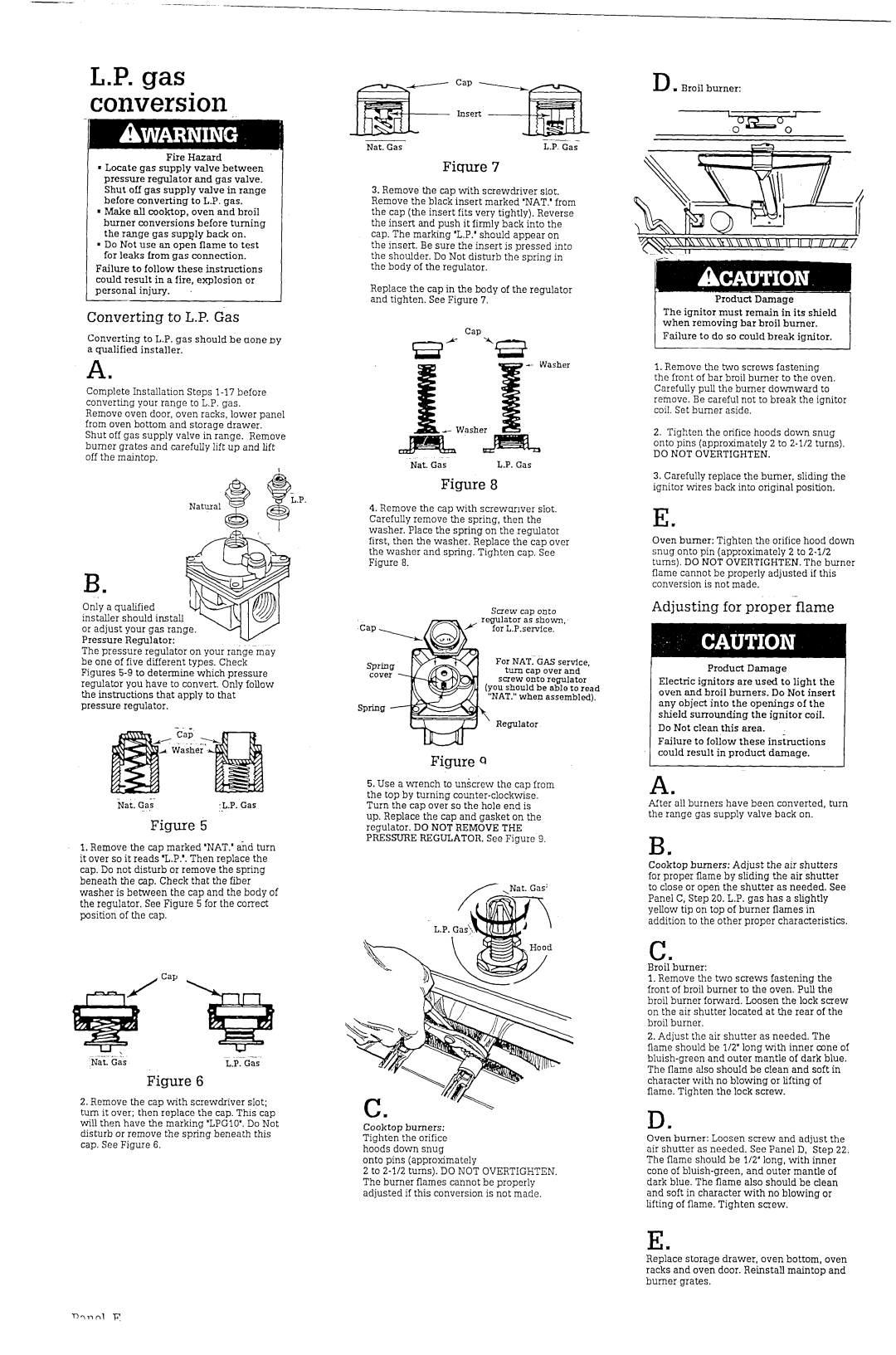 Roper Range installation instructions Gas . conversion, Converting to L.P. Gas, Ficmre, Adjusting for prop&flame, Cap 