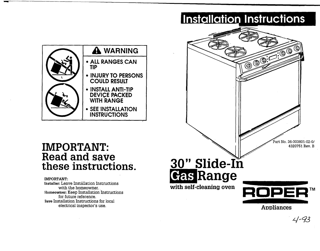 Roper Range installation instructions IMPORTAiVT Read and save these in&,rktionS, A Warning, ADDliances 