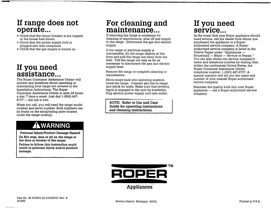 Roper Range Roper, If range does not operate, If vou need a&stance, ForIcleaning and maintenance, If you need service 